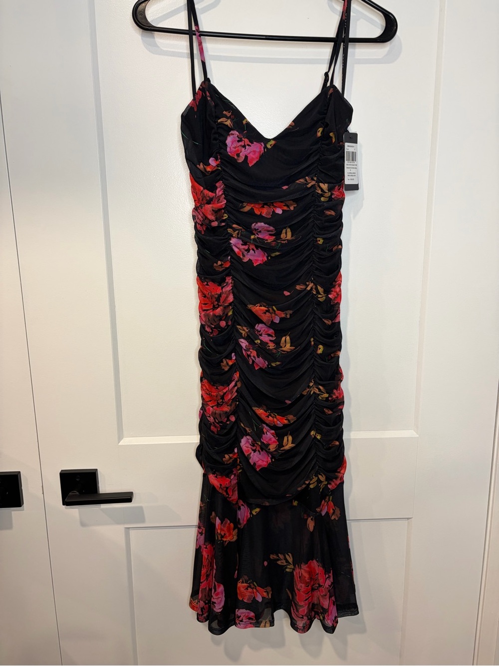 G by Guess Black Midi Dress with Pink & Red Floral Print
